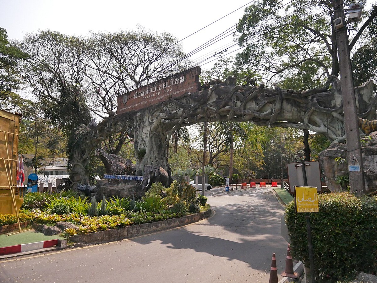 The entrance to Chiang Mai Zoo surrounded by tree-shaped decorations
