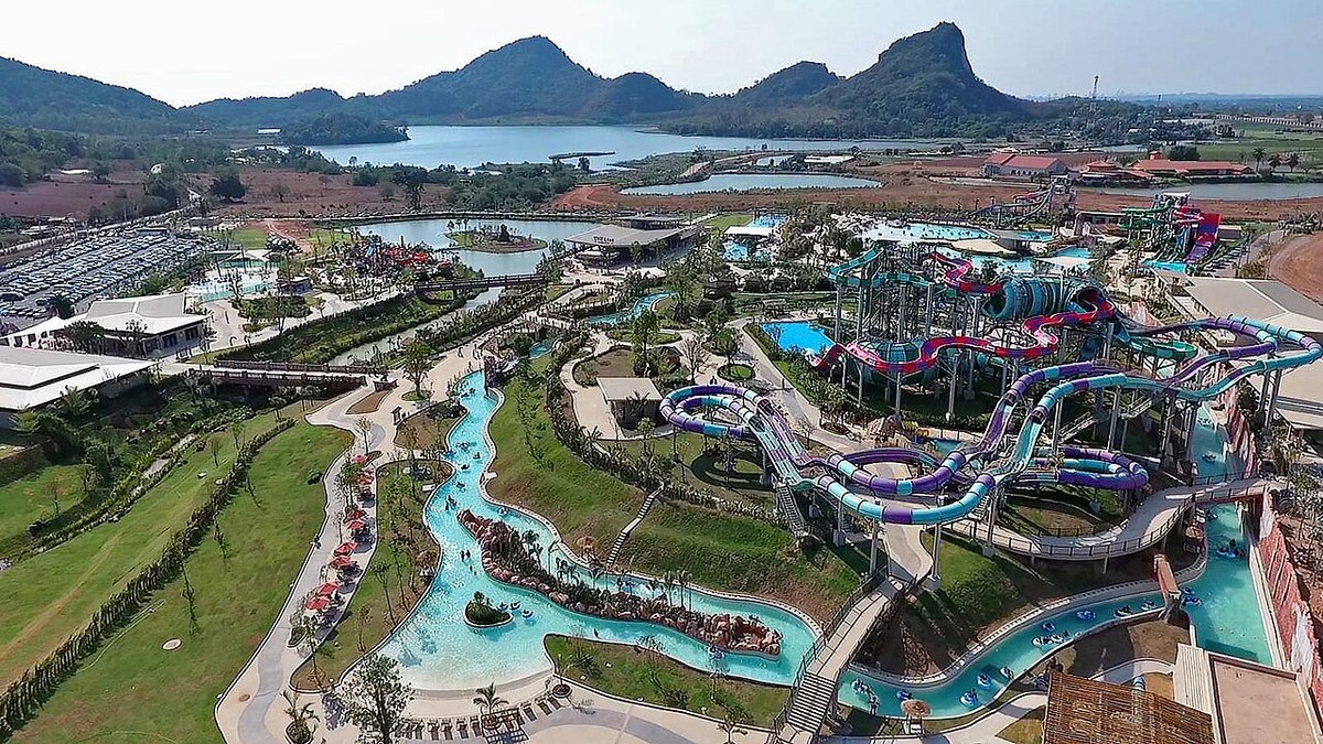 Slides and pools at Ramayana Water Park viewed from above