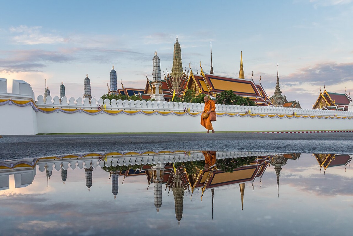 Halls and towers of Wat Phra Kaew seen from outside the palace